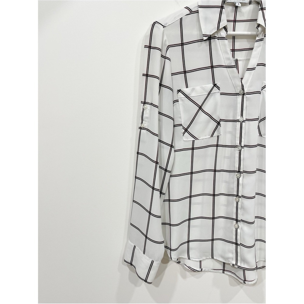 Express The Portofino Shirt White Plaid Button Down Blouse Small Windowpane - Picture 6 of 9